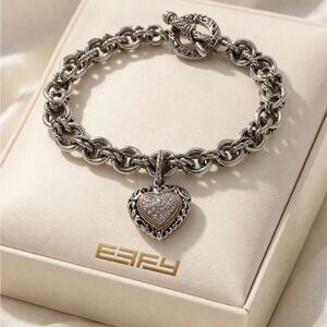 Effy 925 Sterling Silver 18K yellow gold diamond heart charm ladies bracelet 8”